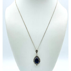 Pear Blue Lapis Lazuli Marcasite 925 Pendant 18" Sterling Silver Chain Necklace